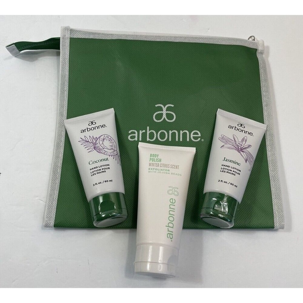 Arbonne Body Polish Exfoliator Winter Citrus & Hand Lotion Coconut & Jasmine Bag
